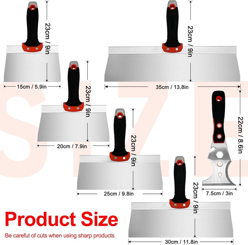 YLTOLOO Drywall Taping Knife Set, 6 Pcs Stainless Steel Taping Knives Includes 6”,8”,10”,12”,14”, 3” Multifunctional Paint Scraper, Perfect Hand Tools for Drywall Joint Taping, Finishing and Patching - Image 2